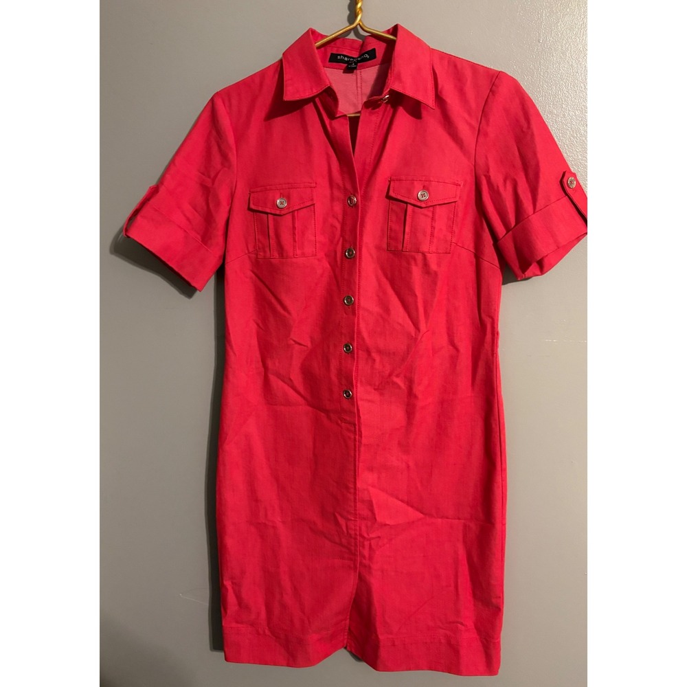 Sharagano Red Short Sleeve Button Down Utility Shirt Dress Size 4